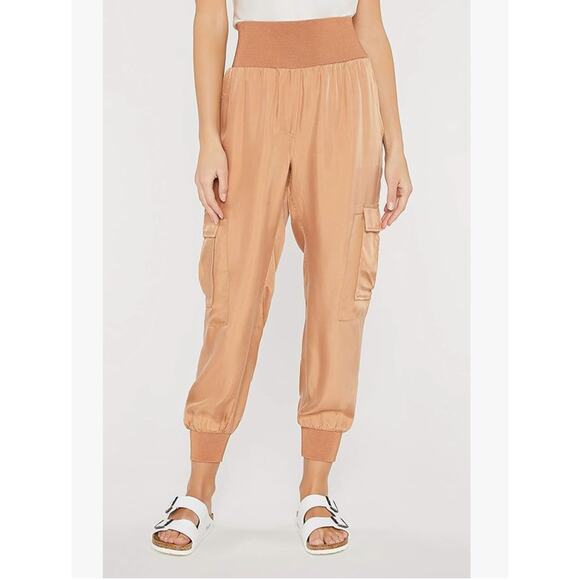 Cinq a Sept Giles Cupro Satin Pull On Cargo Joggers Light Cinnamon Pants L - Picture 1 of 10